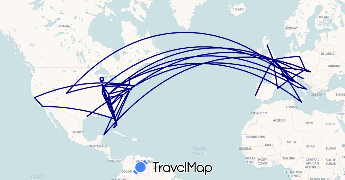 TravelMap itinerary: driving in Austria, Canada, Germany, Spain, France, United Kingdom, Croatia, Hungary, Italy, Malta, Mexico, Nepal, Portugal, United States (Asia, Europe, North America)